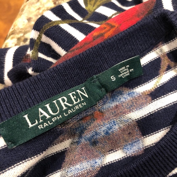 Lauren Ralph Lauren Stripe Floral Navy 3/4 Sleeve Sweater Small - Picture 4 of 6
